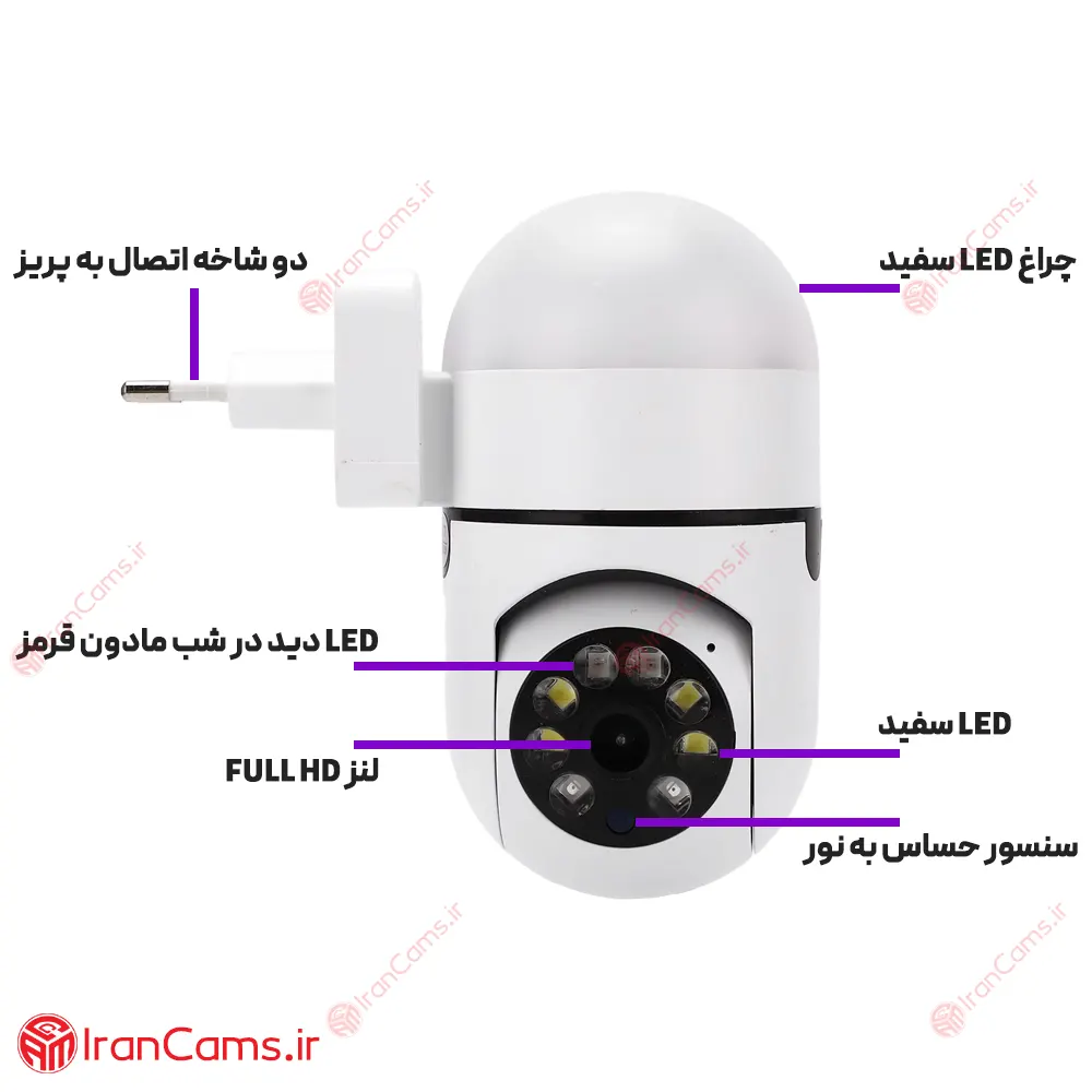 دوربین بی سیم چرخشی لامپی دو شاخه irancams.ir